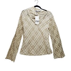 NWT Zara L Bias Linen Blend Plaid ZW Collection Bell Sleeve Cowl Neck Tan